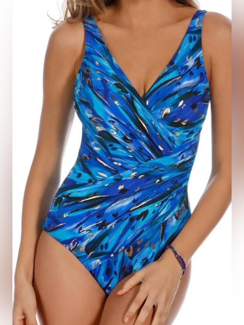 Miraclesuit Womens Animal Magnetism Oceanus One Piece Swimsuit 14 Blue Gold MINT